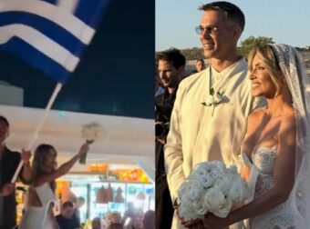 Οικονομάκου – Τσερέλα: Το φινάλε του γάμου τους στην Πάρο με Ζορμπά – Πέταξαν την ανθοδέσμη, χόρεψαν με την ελληνική σημαία