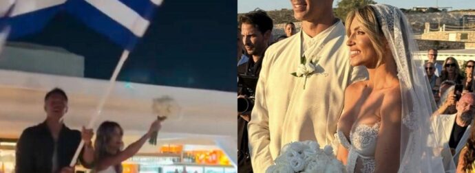 Οικονομάκου – Τσερέλα: Το φινάλε του γάμου τους στην Πάρο με Ζορμπά – Πέταξαν την ανθοδέσμη, χόρεψαν με την ελληνική σημαία